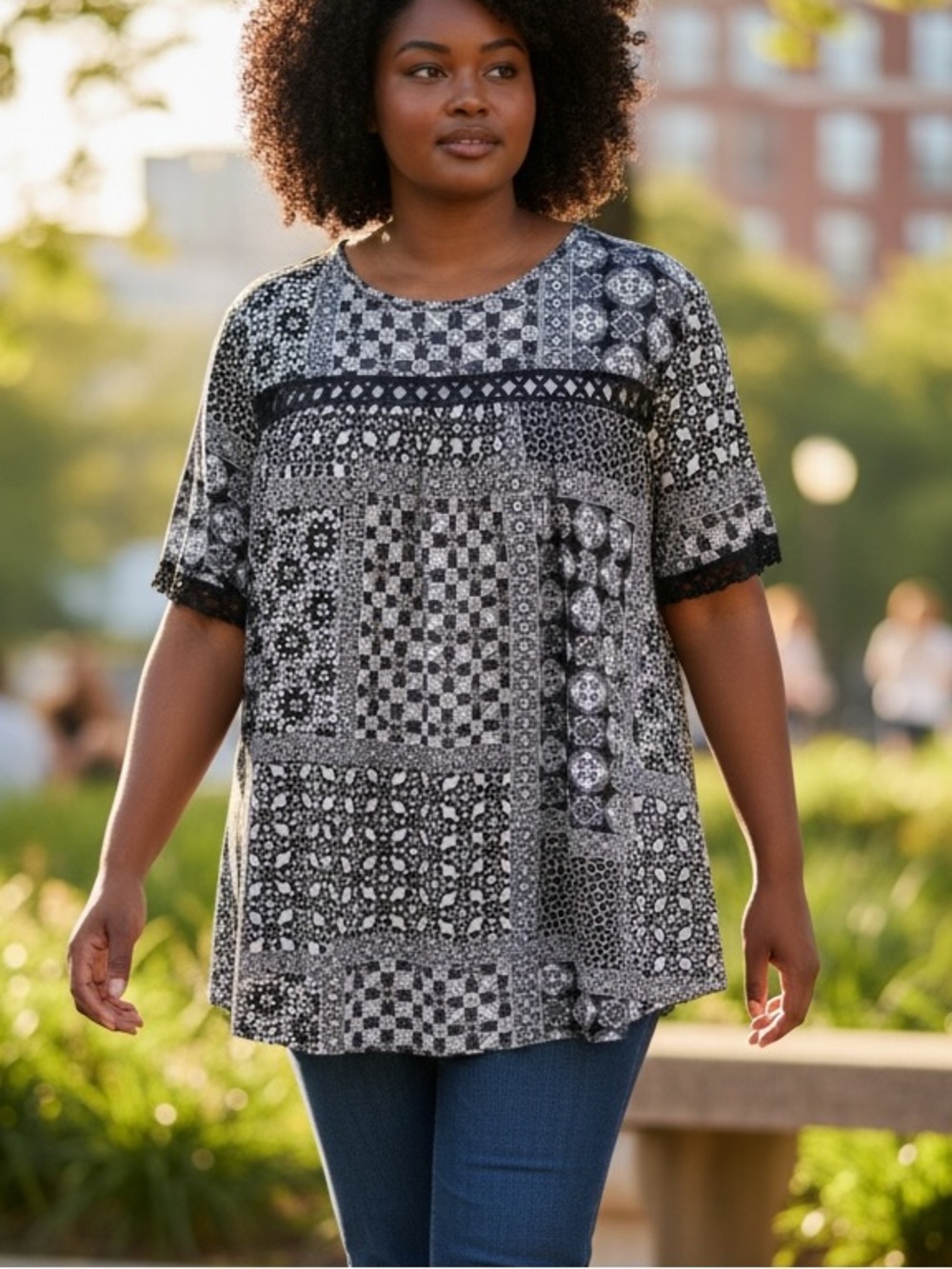 Plus Size 3X Boho Tunic Top Blue White Geometric Flowy Peasant Blouse